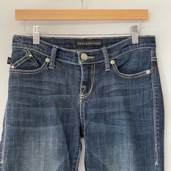 Rock & Republic Womens 4 Bootcut Denim Jeans Dark Wash Embellished Pockets *FLAW - Picture 2 of 16